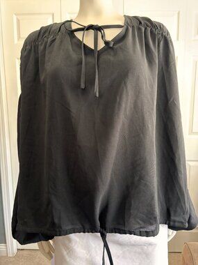 NWT Curlbiuty Black Peasant Blouse Size Large Puff Sleeve Tie Neck Top